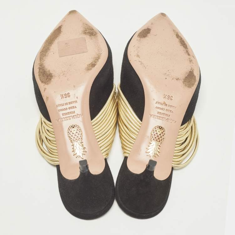 Pre Owned Aquazzura Rendez Vous Size 36.5 Black/Gold Leather and Suede Mules