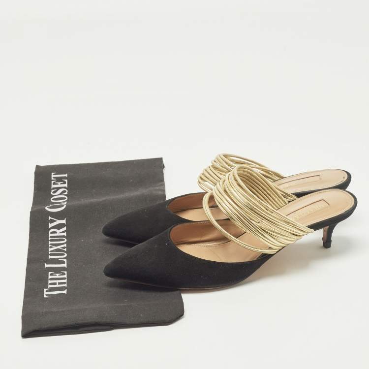 Pre Owned Aquazzura Rendez Vous Size 36.5 Black/Gold Leather and Suede Mules