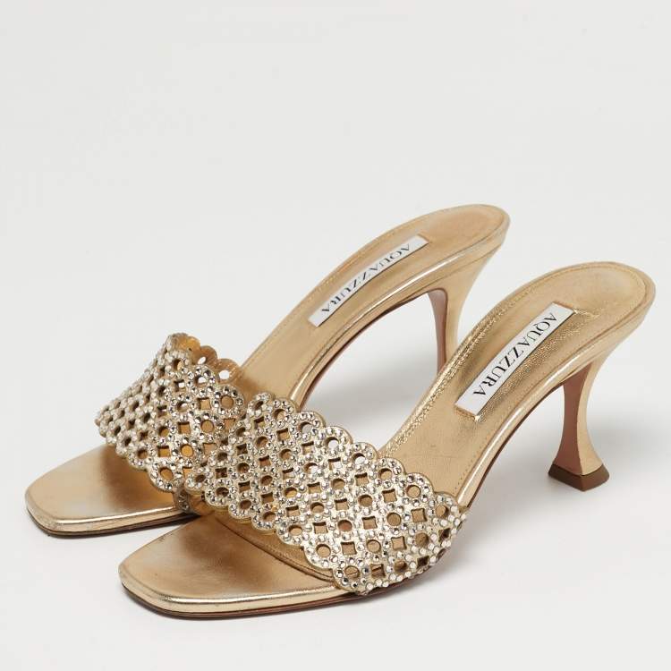 Pre Owned Aquazzura Candy Size 38 Gold Leather Crystal Embellished Slide Sandals