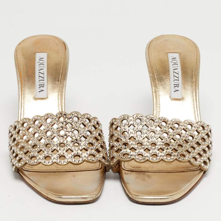 Pre Owned Aquazzura Candy Size 38 Gold Leather Crystal Embellished Slide Sandals