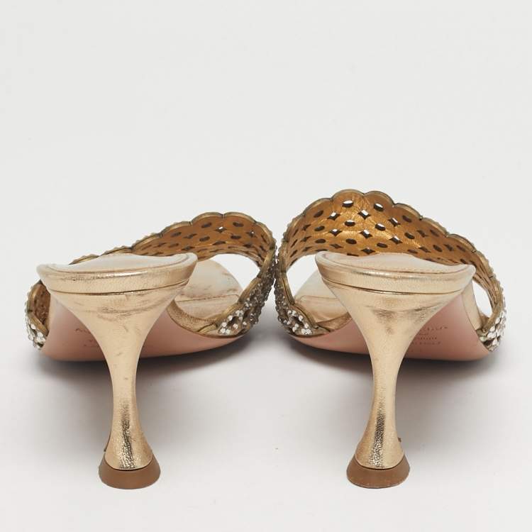 Pre Owned Aquazzura Candy Size 38 Gold Leather Crystal Embellished Slide Sandals