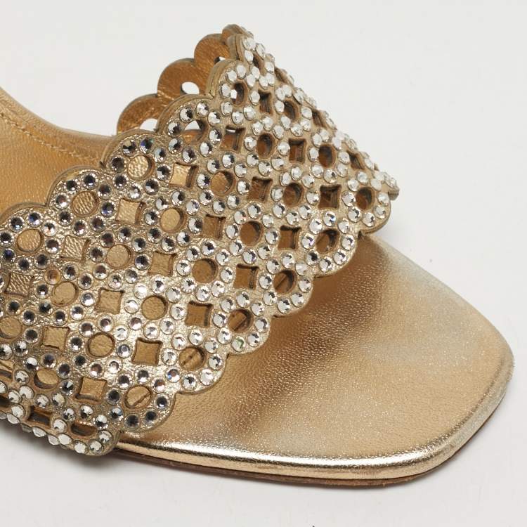 Pre Owned Aquazzura Candy Size 38 Gold Leather Crystal Embellished Slide Sandals