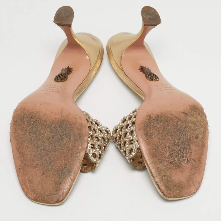 Pre Owned Aquazzura Candy Size 38 Gold Leather Crystal Embellished Slide Sandals