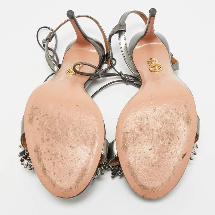 Pre Owned Aquazzura Wild Thing Size 36.5 Grey Leather Embellishment Ankle Strap Sandals