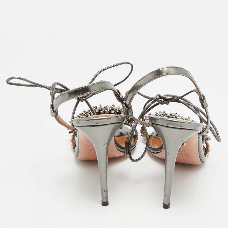 Pre Owned Aquazzura Wild Thing Size 36.5 Grey Leather Embellishment Ankle Strap Sandals