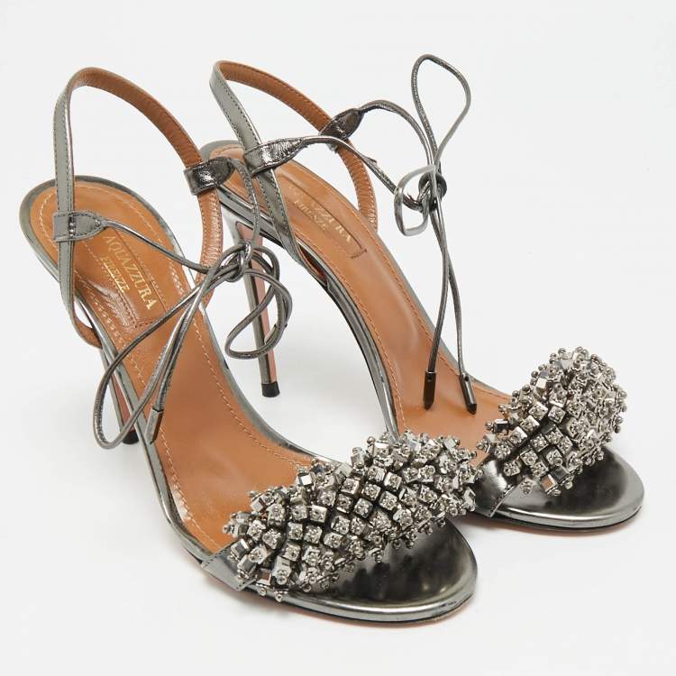 Pre Owned Aquazzura Wild Thing Size 36.5 Grey Leather Embellishment Ankle Strap Sandals