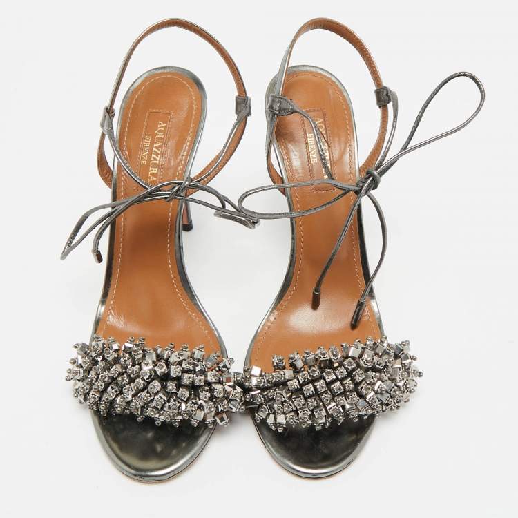 Pre Owned Aquazzura Wild Thing Size 36.5 Grey Leather Embellishment Ankle Strap Sandals