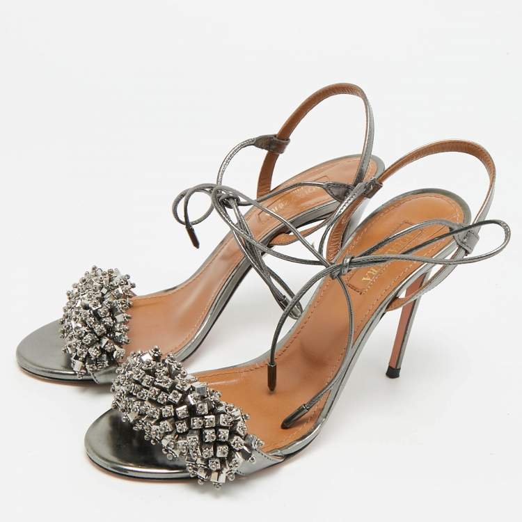 Pre Owned Aquazzura Wild Thing Size 36.5 Grey Leather Embellishment Ankle Strap Sandals