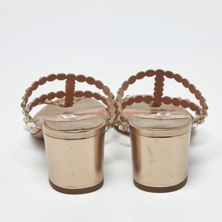 Pre Owned Aquazzura Tequila Size 37 Gold Leather Slide Sandals