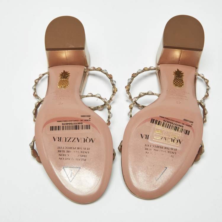 Pre Owned Aquazzura Tequila Size 37 Gold Leather Slide Sandals