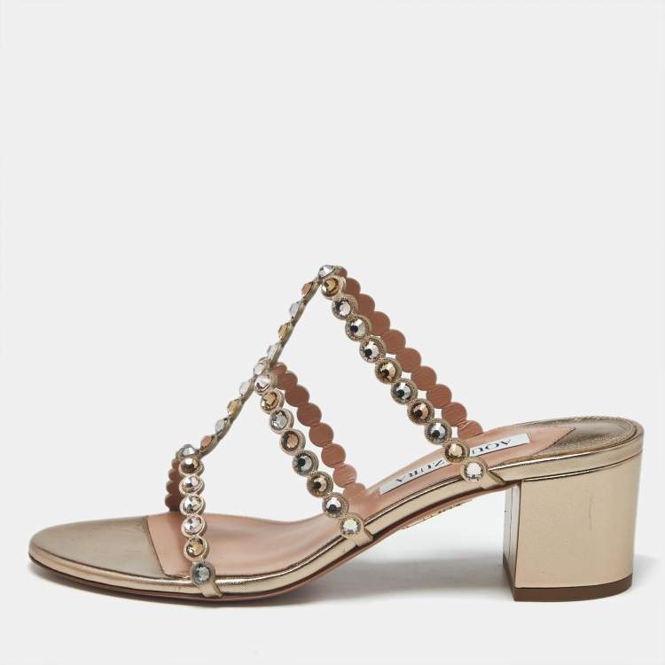 Pre Owned Aquazzura Tequila Size 37 Gold Leather Slide Sandals