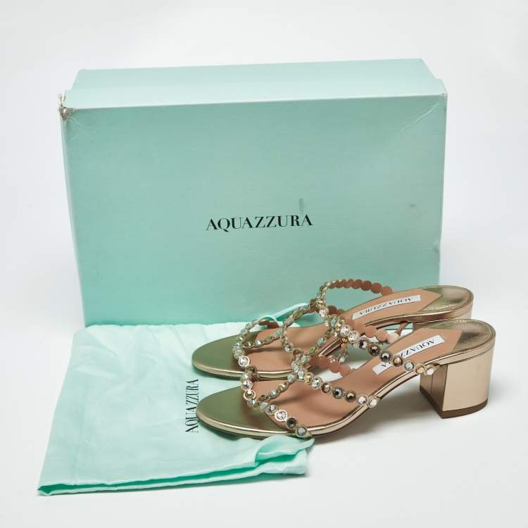 Pre Owned Aquazzura Tequila Size 37 Gold Leather Slide Sandals