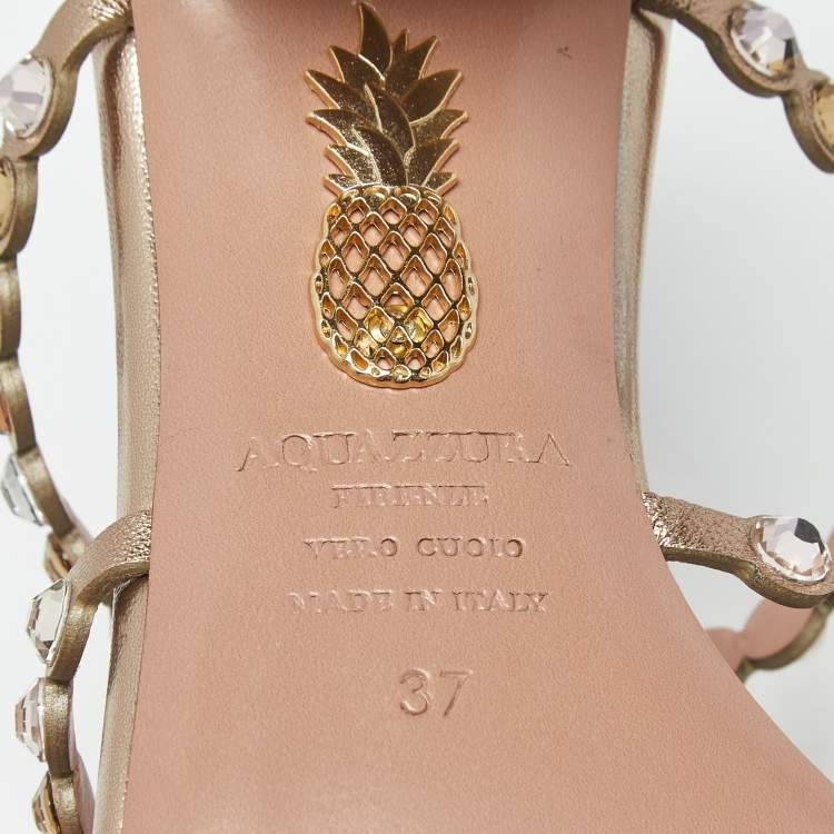 Pre Owned Aquazzura Tequila Size 37 Gold Leather Slide Sandals