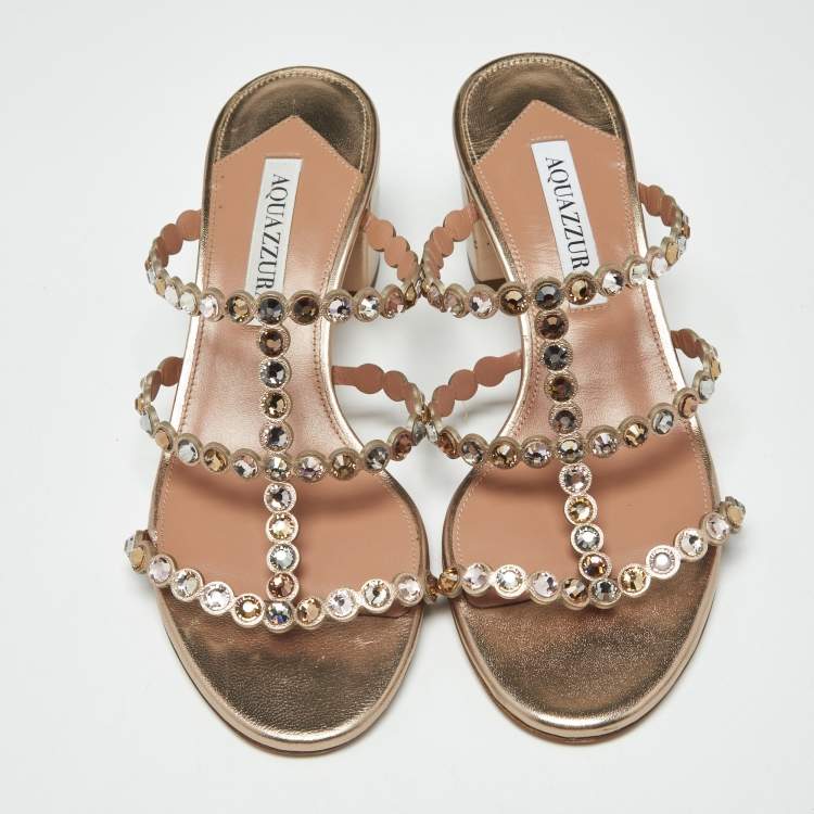 Pre Owned Aquazzura Tequila Size 37 Gold Leather Slide Sandals