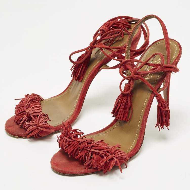Pre Owned Aquazzura Wild Thing Size 39 Red Suede Fringe  Ankle Wrap Sandals