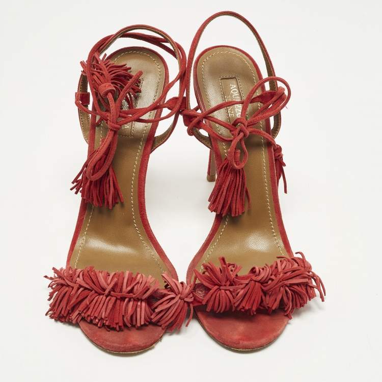 Pre Owned Aquazzura Wild Thing Size 39 Red Suede Fringe  Ankle Wrap Sandals
