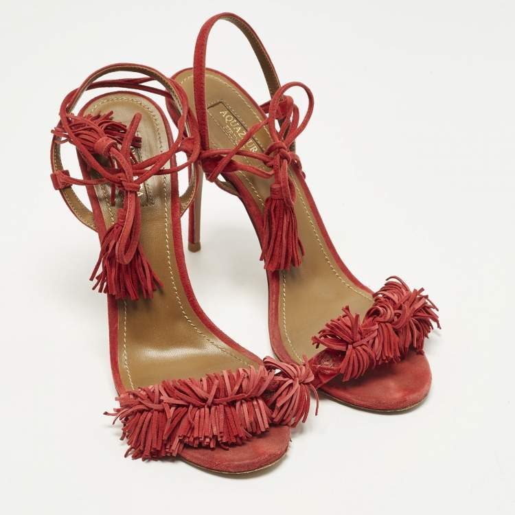 Pre Owned Aquazzura Wild Thing Size 39 Red Suede Fringe  Ankle Wrap Sandals