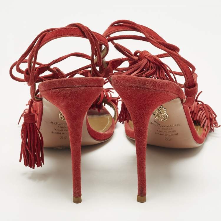 Pre Owned Aquazzura Wild Thing Size 39 Red Suede Fringe  Ankle Wrap Sandals