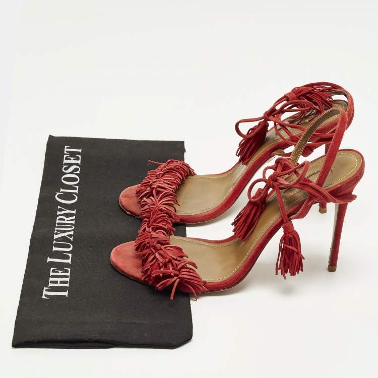 Pre Owned Aquazzura Wild Thing Size 39 Red Suede Fringe  Ankle Wrap Sandals