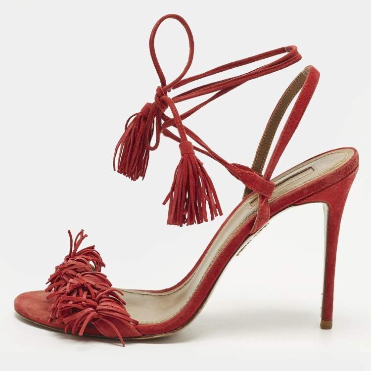 Pre Owned Aquazzura Wild Thing Size 39 Red Suede Fringe  Ankle Wrap Sandals