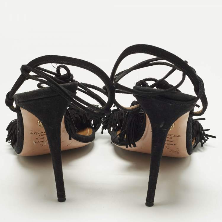 مملوكة مسبقًا Aquazzura Wild Thing Size 38.5 Black Suede Ankle Strap Sandals