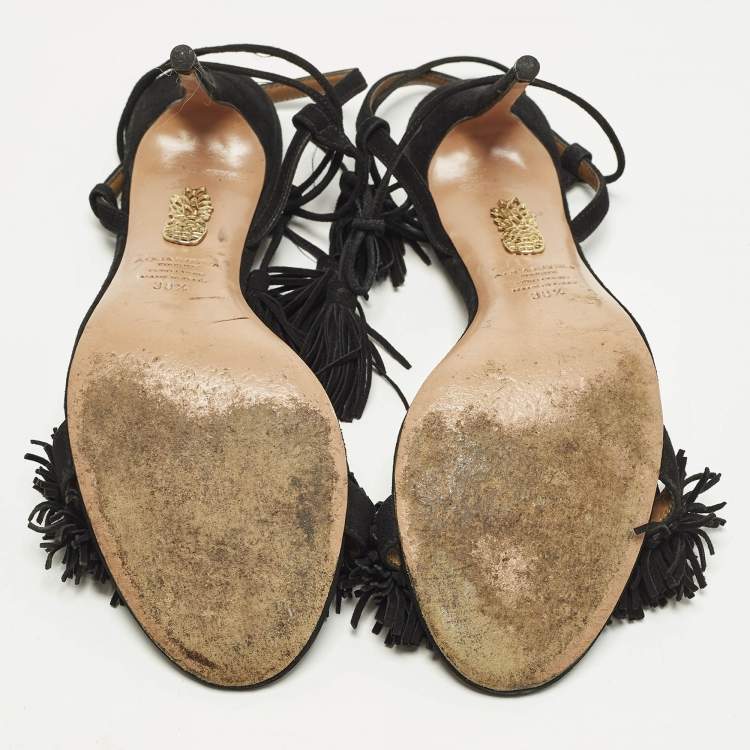 مملوكة مسبقًا Aquazzura Wild Thing Size 38.5 Black Suede Ankle Strap Sandals