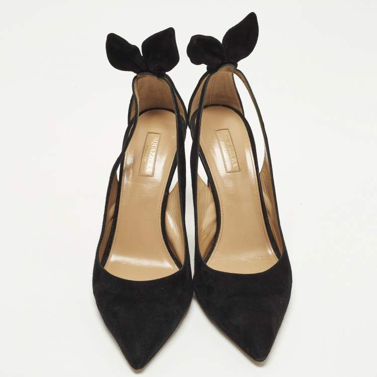 Pre Owned Aquazzura Bow Tie Size 40.5 Black Suede Pointed Toe Pumps