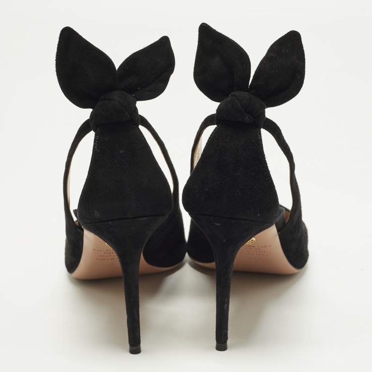 Pre Owned Aquazzura Bow Tie Size 40.5 Black Suede Pointed Toe Pumps