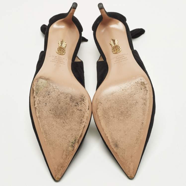 Pre Owned Aquazzura Bow Tie Size 40.5 Black Suede Pointed Toe Pumps