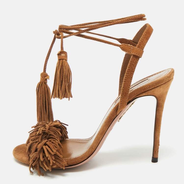 Pre Owned Aquazzura Wild Thing Size 38.5 Brown Suede Ankle Strap Sandals