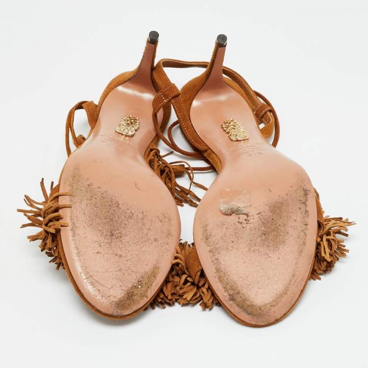 Pre Owned Aquazzura Wild Thing Size 38.5 Brown Suede Ankle Strap Sandals