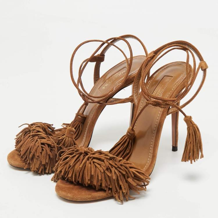 Pre Owned Aquazzura Wild Thing Size 38.5 Brown Suede Ankle Strap Sandals