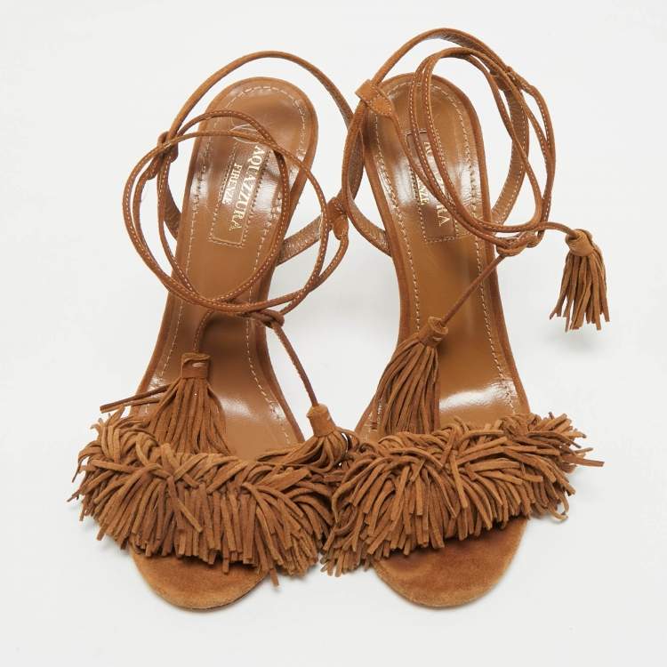 Pre Owned Aquazzura Wild Thing Size 38.5 Brown Suede Ankle Strap Sandals