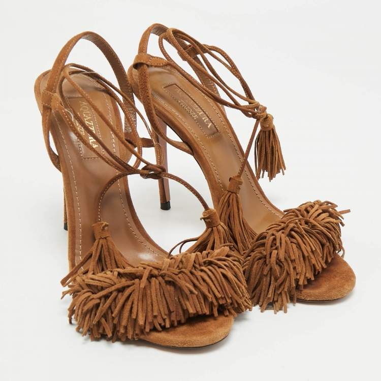 Pre Owned Aquazzura Wild Thing Size 38.5 Brown Suede Ankle Strap Sandals