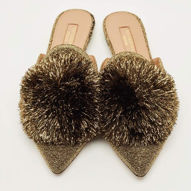 Pre Owned Aquazzura Size 36 Gold Lurex Fabric Puff Pom Pom  Mules
