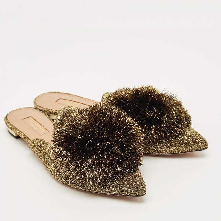 Pre Owned Aquazzura Size 36 Gold Lurex Fabric Puff Pom Pom  Mules
