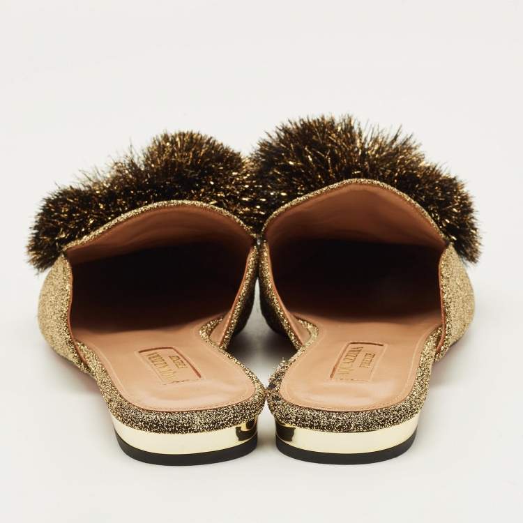 Pre Owned Aquazzura Size 36 Gold Lurex Fabric Puff Pom Pom  Mules