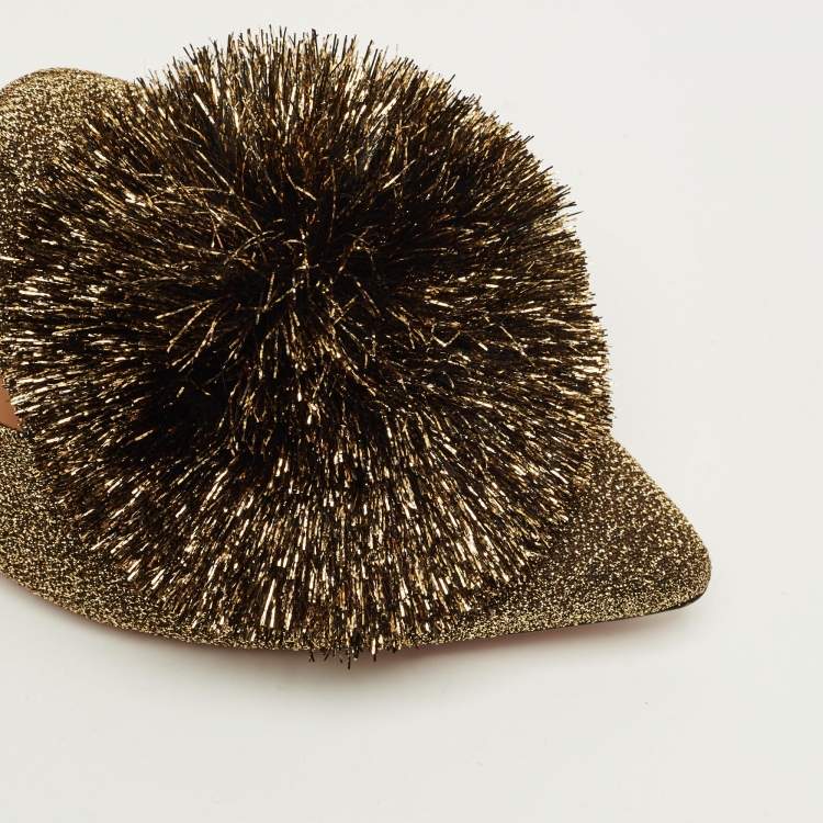 Pre Owned Aquazzura Size 36 Gold Lurex Fabric Puff Pom Pom  Mules