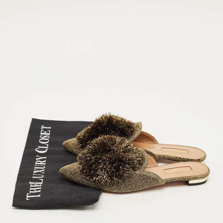 Pre Owned Aquazzura Size 36 Gold Lurex Fabric Puff Pom Pom  Mules