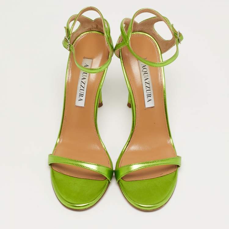 Pre Owned Aquazzura Joy Size 36 Metallic Green Leather Ankle Strap Sandals