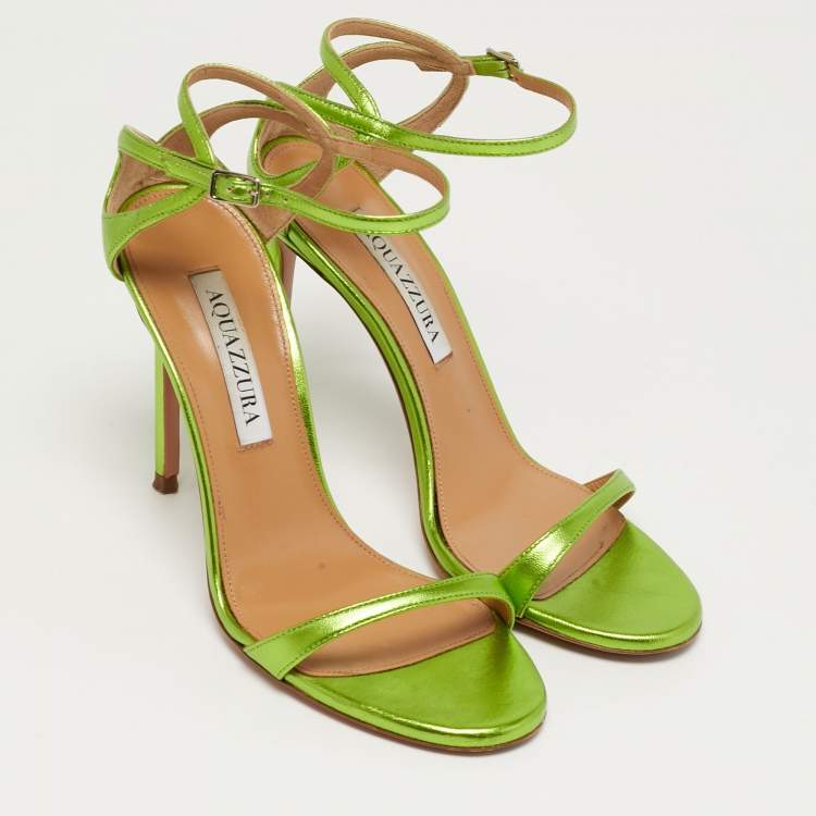 Pre Owned Aquazzura Joy Size 36 Metallic Green Leather Ankle Strap Sandals