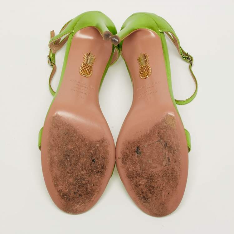 Pre Owned Aquazzura Joy Size 36 Metallic Green Leather Ankle Strap Sandals