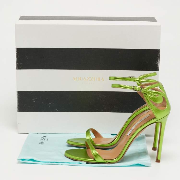 Pre Owned Aquazzura Joy Size 36 Metallic Green Leather Ankle Strap Sandals