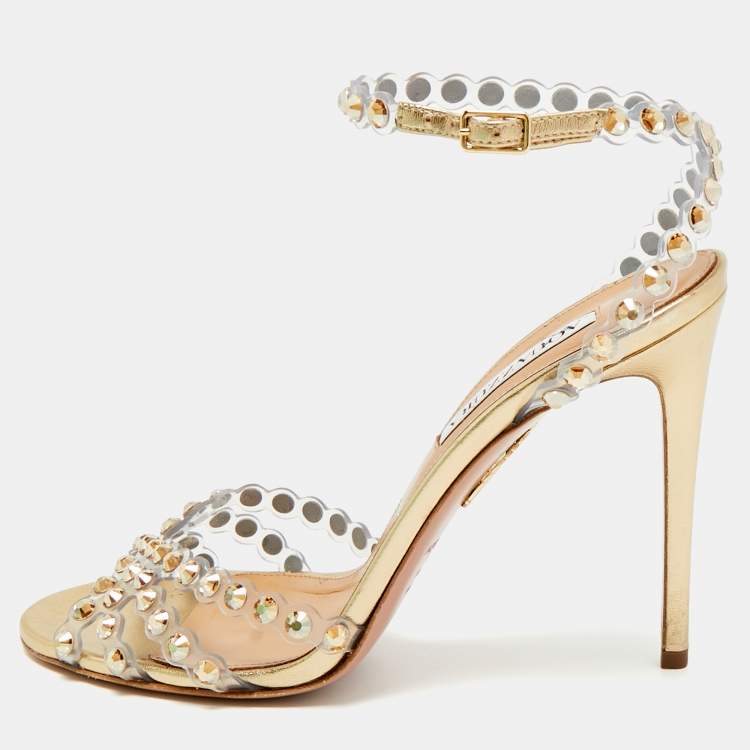 مملوكة مسبقًا Aquazzura Tequila Size 39 Transparent/Gold PVC and Leather Ankle Strap Sandals