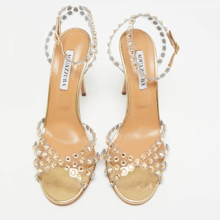مملوكة مسبقًا Aquazzura Tequila Size 39 Transparent/Gold PVC and Leather Ankle Strap Sandals