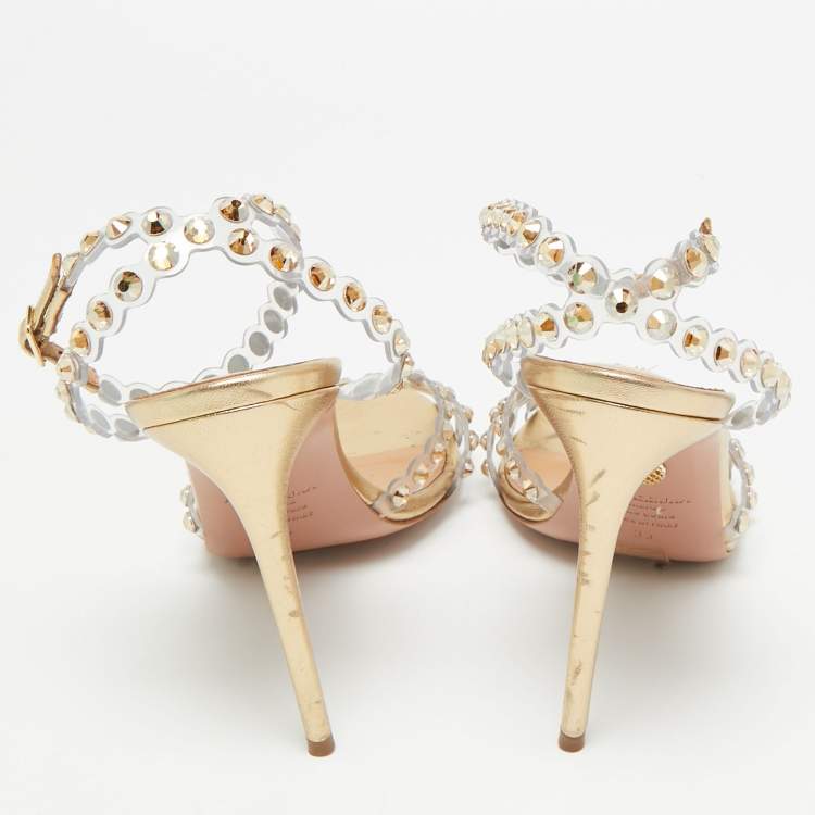 مملوكة مسبقًا Aquazzura Tequila Size 39 Transparent/Gold PVC and Leather Ankle Strap Sandals