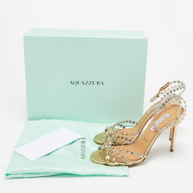 مملوكة مسبقًا Aquazzura Tequila Size 39 Transparent/Gold PVC and Leather Ankle Strap Sandals