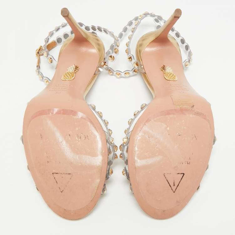 مملوكة مسبقًا Aquazzura Tequila Size 39 Transparent/Gold PVC and Leather Ankle Strap Sandals