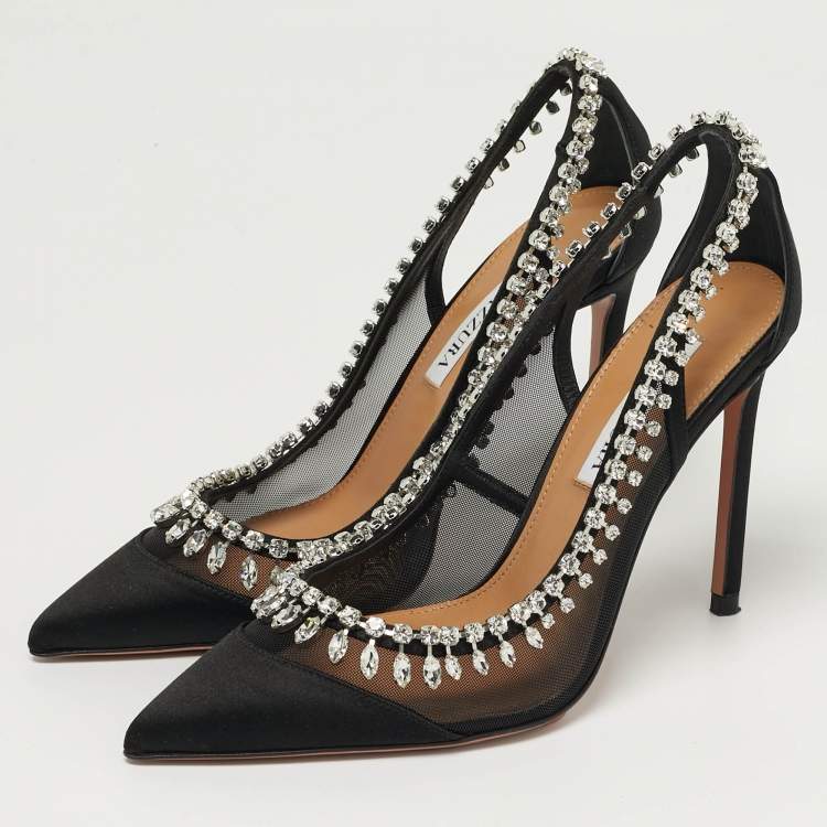 Pre Owned Aquazzura Crystal Crush Size 37 Black Mesh and Satin Pumps