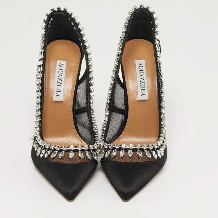Pre Owned Aquazzura Crystal Crush Size 37 Black Mesh and Satin Pumps